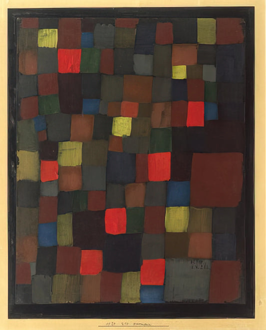 Paul Klee Angelus Novus Poster: Decoding the Angel of History - ABSTRACT COLOUR HARMONY IN SQUARES WITH VERMILLION ACCENTS 1924 by Paul Klee
