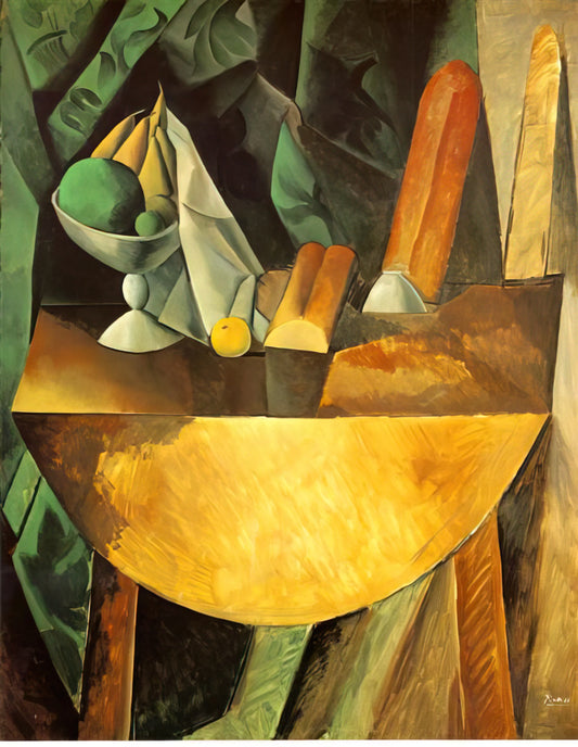 Picasso Abstract Art: The Revolutionary Journey from Cubism to Modern Mastery - Bread and dish with fruits on the table by Pablo Picasso