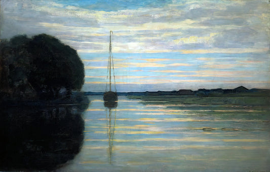 Piet Mondrian 1921: The Pivotal Year of Neoplasticism and Abstract Evolution - River view with a boat Sun by Piet Mondrian
