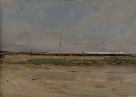 Piet Mondrian Famous Paintings: A Journey Through the Evolution of an Abstract Visionary - Polder Landscape with a Train and a Small Windmill on the Horizon by Piet Mondrian