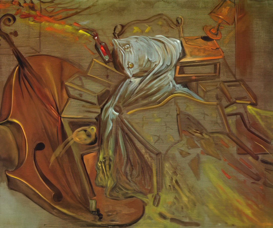 Salvador Dalí Art Gallery: A Journey Through the Surrealist Master's Vision - BED AND TWO BEDSIDE TABLES FEROCIOUSLY ATTACKING A CELLO by Salvador Dali