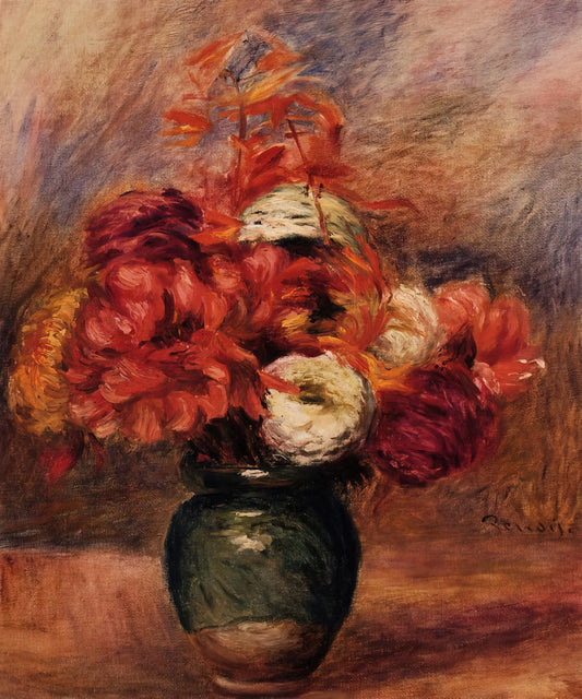 The Enduring Charm of Renoir's Portrait of Madame Charpentier and Her Children - Flowers in a Green Vase Dahlilas and Asters by Pierre-Auguste Renoir