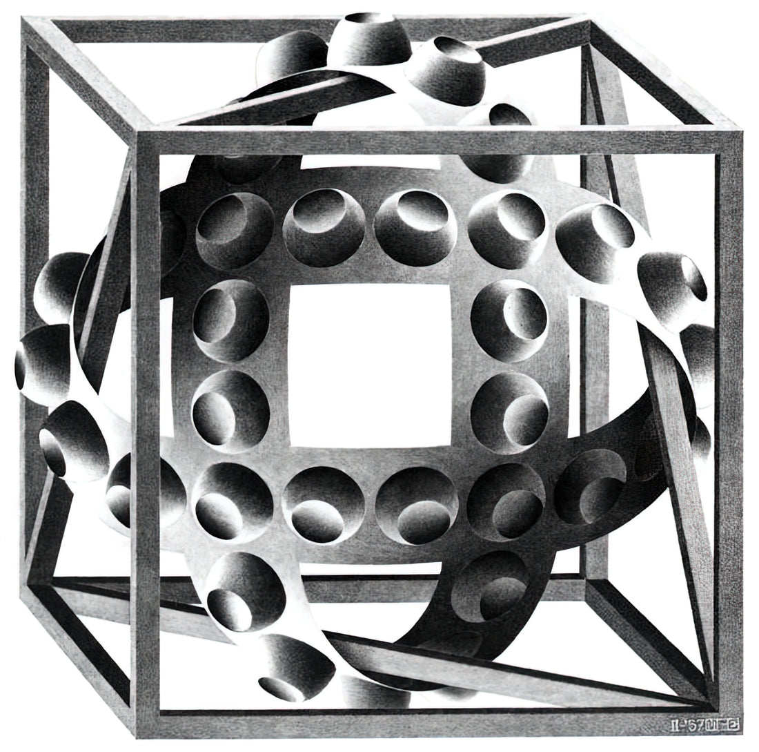 The Mesmerizing World of M.C. Escher: A Deep Dive into His Iconic Black and White Art - CUBE WITH MAGIC RIBBONS by MC Escher