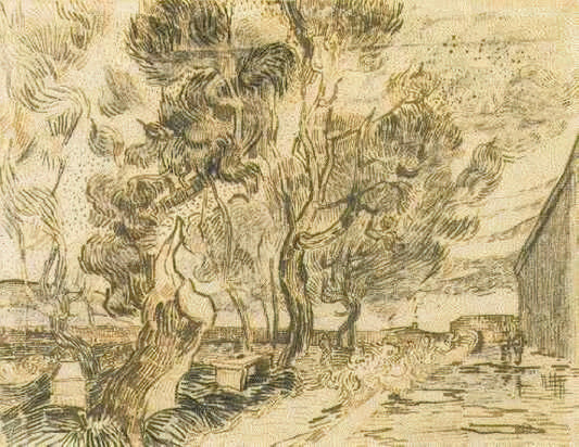 Van Gogh Mountain Painting: The Artist's Untamed Landscapes and Alpine Visions - A Corner of the Asylum and the Garden with a Heavy, sawn-off Tree by Vincent van Gogh