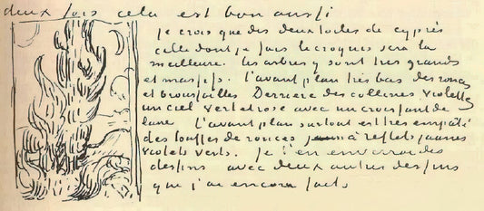 Van Gogh and Rembrandt: A Dialogue Across Centuries in Art History - Cypresses Sketch on a Letter to Theo Van Gogh by Vincent van Gogh