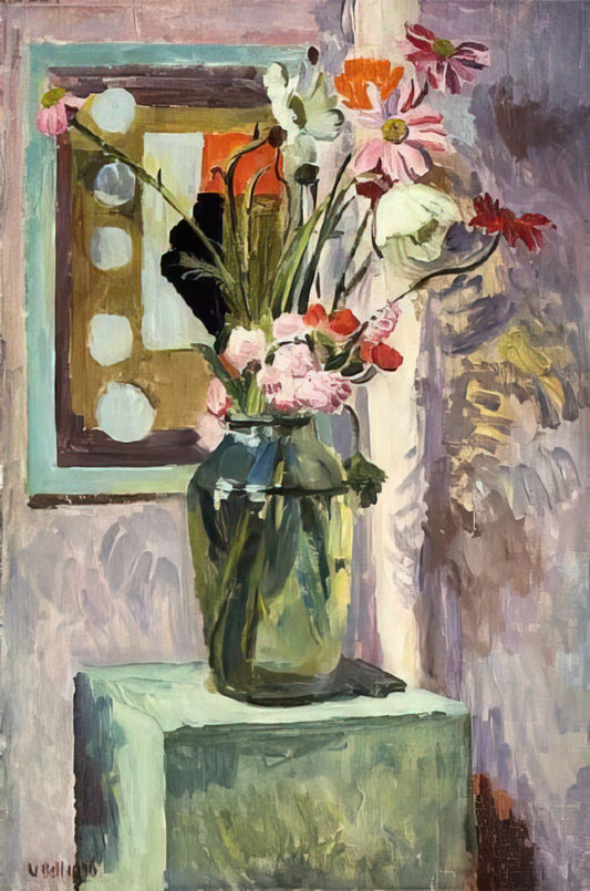 Vanessa Bell Art Prints: Bloomsbury Aesthetics for Modern Interiors - FLOWERS IN A GLASS VASE WITH ABSTRACT NEEDLEWORK DESIGN by Vanessa Bell