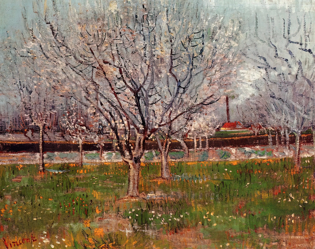Vincent van Gogh Skeleton Poster: The Artist's Fascination with Mortality in Art - Orchard in Blossom Plum Trees by Vincent van Gogh