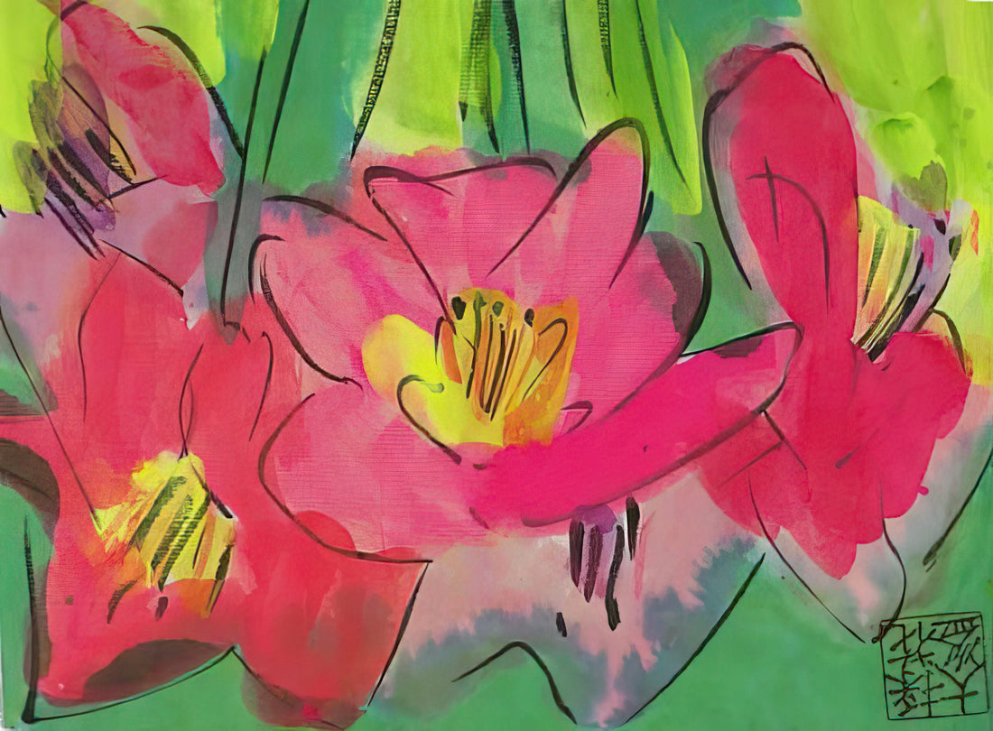 Walasse Ting: The Vibrant Visionary of 20th Century Art - The Pinkest Flowers - Naïve Art Primitivism, Pop Art by Walasse Ting