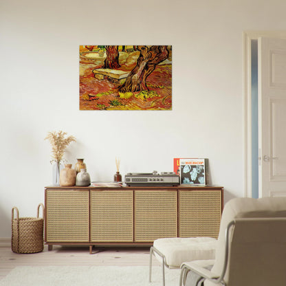 The Stone Bench in the Garden at Saint-Paul Hospital - Vincent van Gogh Brushed Aluminum Print - 70x100 cm / 28x40 inches | Vincent van Gogh Aluminum Print | Vincent van Gogh Prints