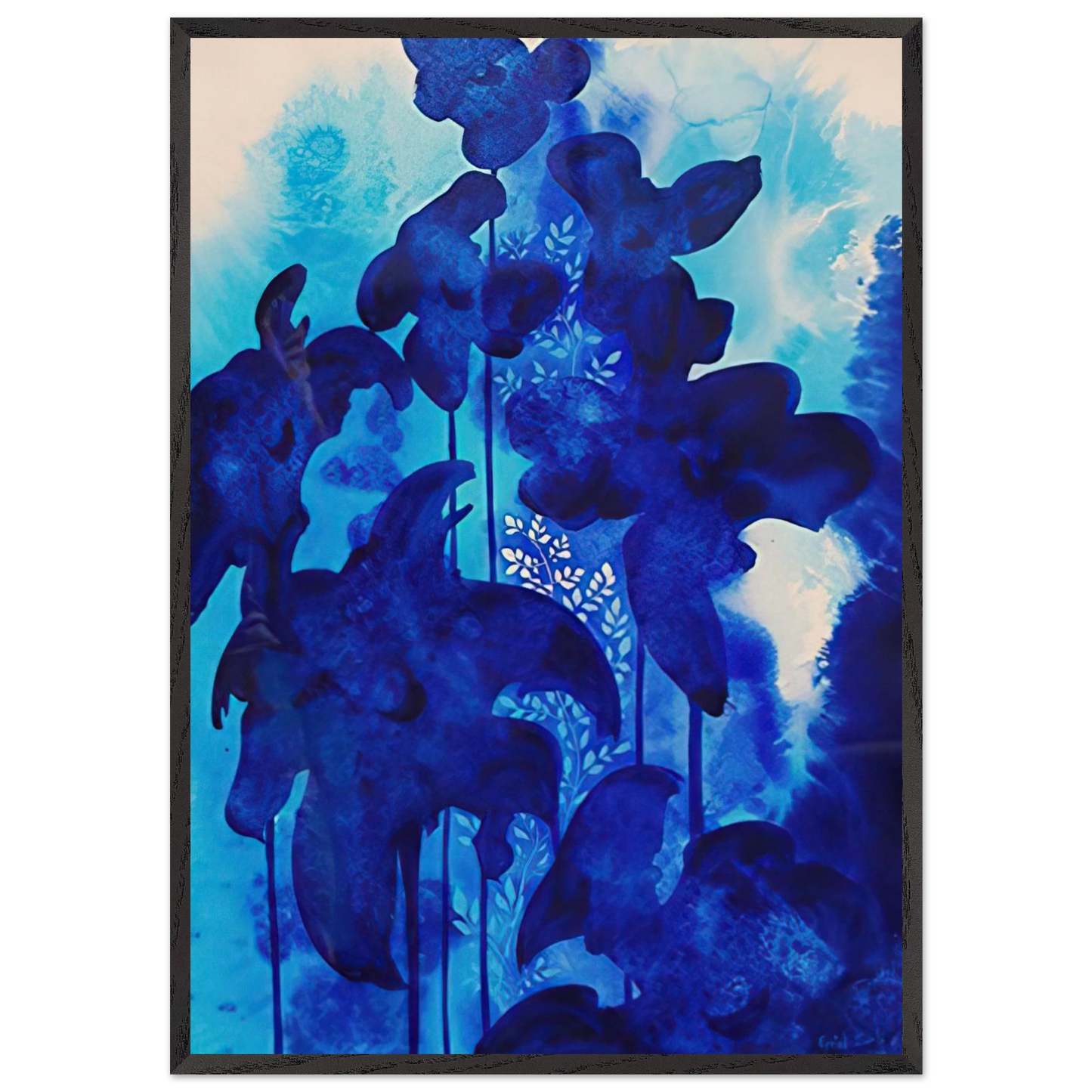 Blue Floral - Eyvind Earle 70x100 cm / 28x40 inches Framed Art Print – Black Wooden Frame