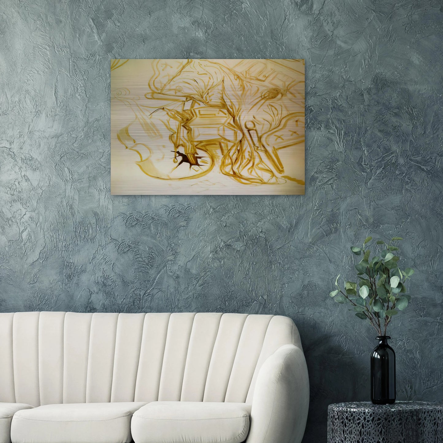 BED AND BEDSIDE TABLE FEROCIOUSLY ATTACKING A CELLO - Salvador Dali Brushed Aluminum Print - 70x100 cm / 28x40 inches | Salvador Dali Aluminum Print | Salvador Dali Prints
