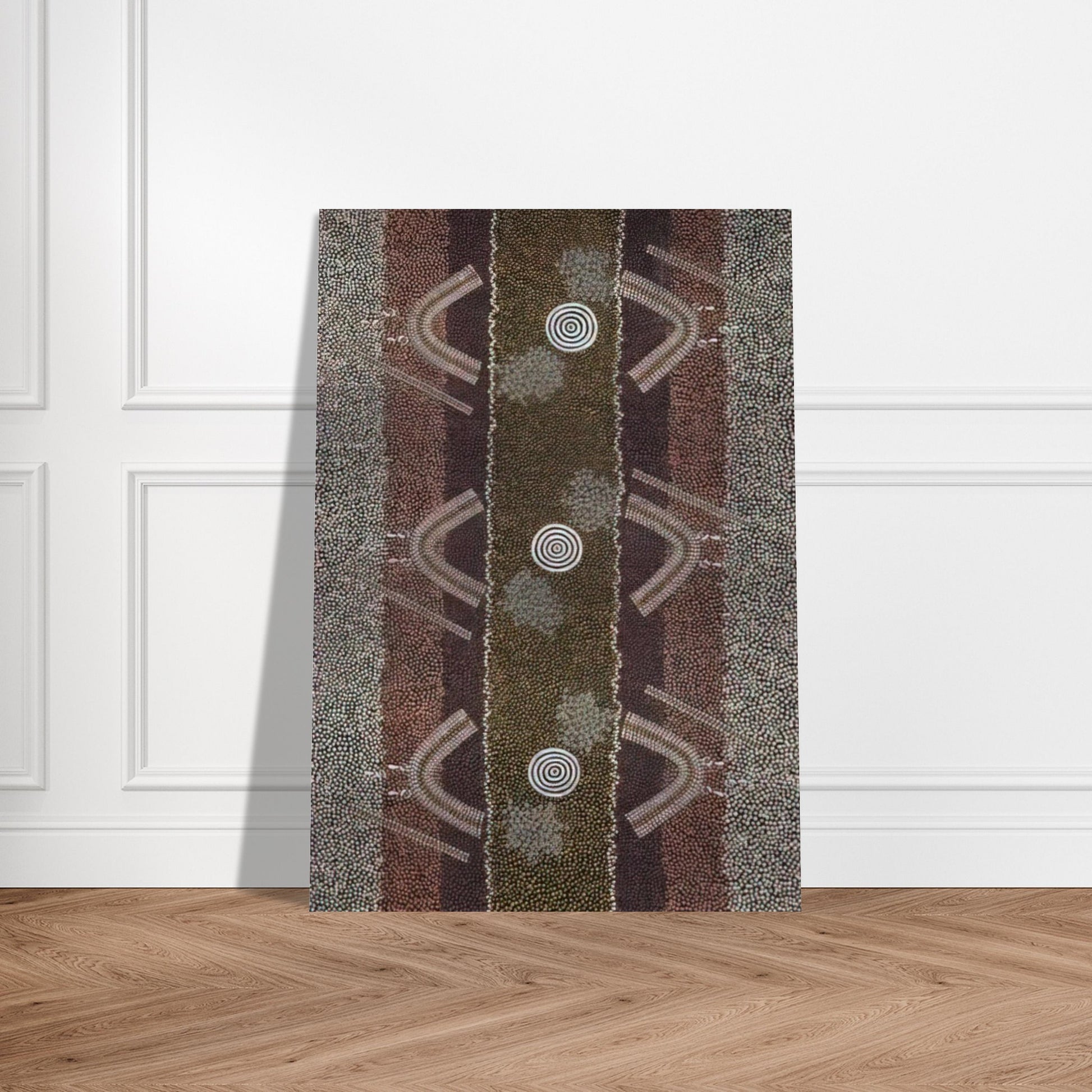 Ground and Body Designs Used in Ceremonies at Arranki on Mt Allan Station - 1982 - Clifford Possum Tjapaltjarri Brushed Aluminum Print - 70x100 cm / 28x40 inches | Clifford Possum Tjapaltjarri Aluminum Print | Clifford Possum Tjapaltjarri Prints