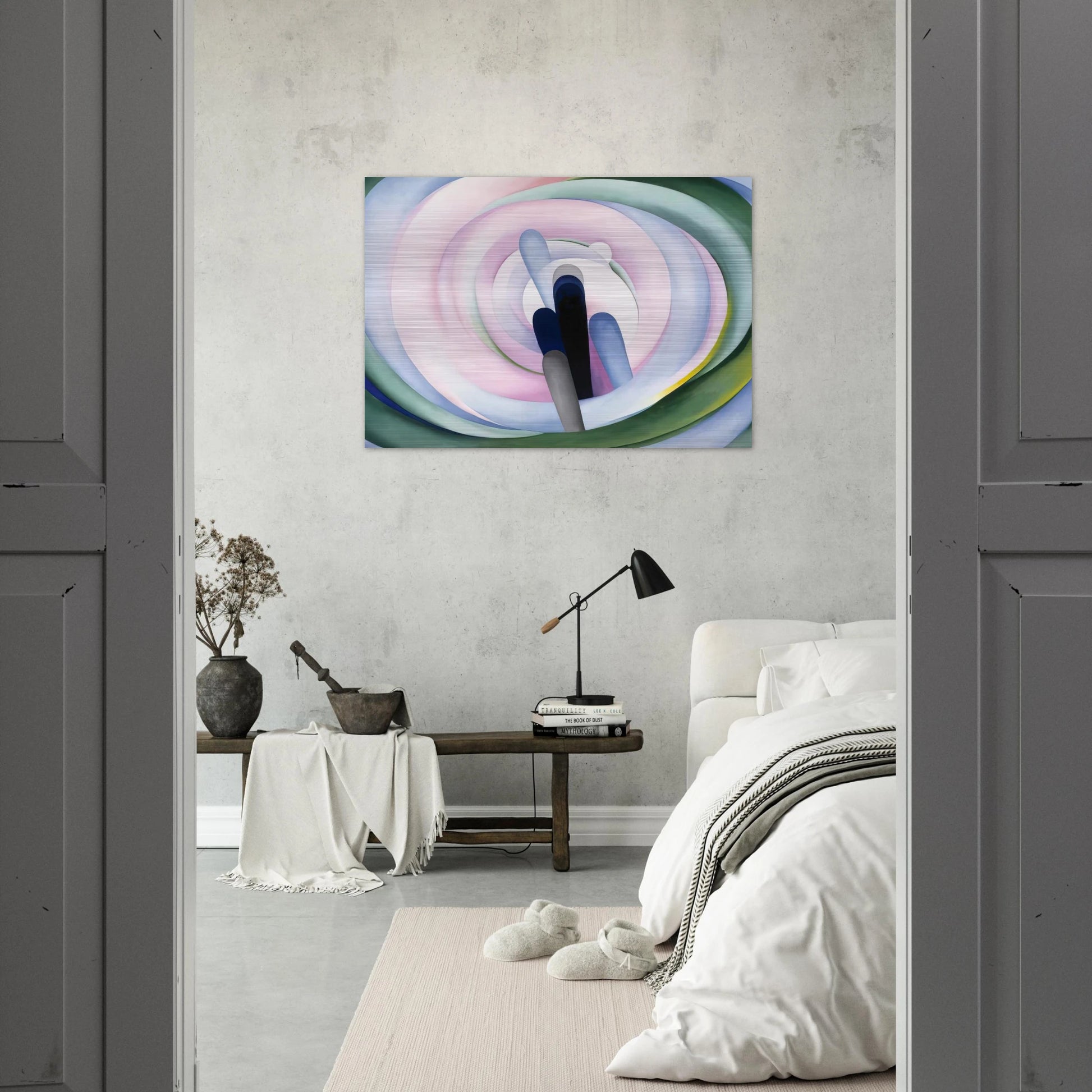 Grey Blue and Black, Pink Circle - Georgia O'Keeffe Brushed Aluminum Print - 70x100 cm / 28x40 inches | Georgia O'Keeffe Aluminum Print | Georgia O'Keeffe Prints