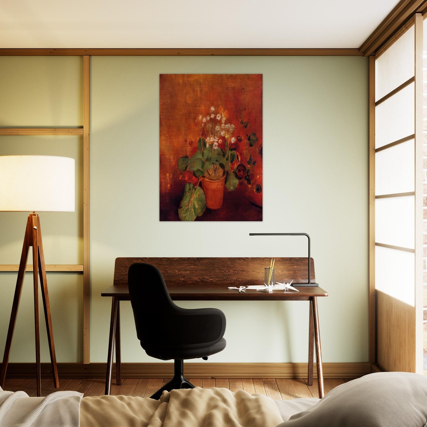 FLOWERS IN A POT ON A RED BACKGROUND - Odilon Redon Brushed Aluminum Print - 70x100 cm / 28x40 inches | Odilon Redon Aluminum Print | Odilon Redon Prints