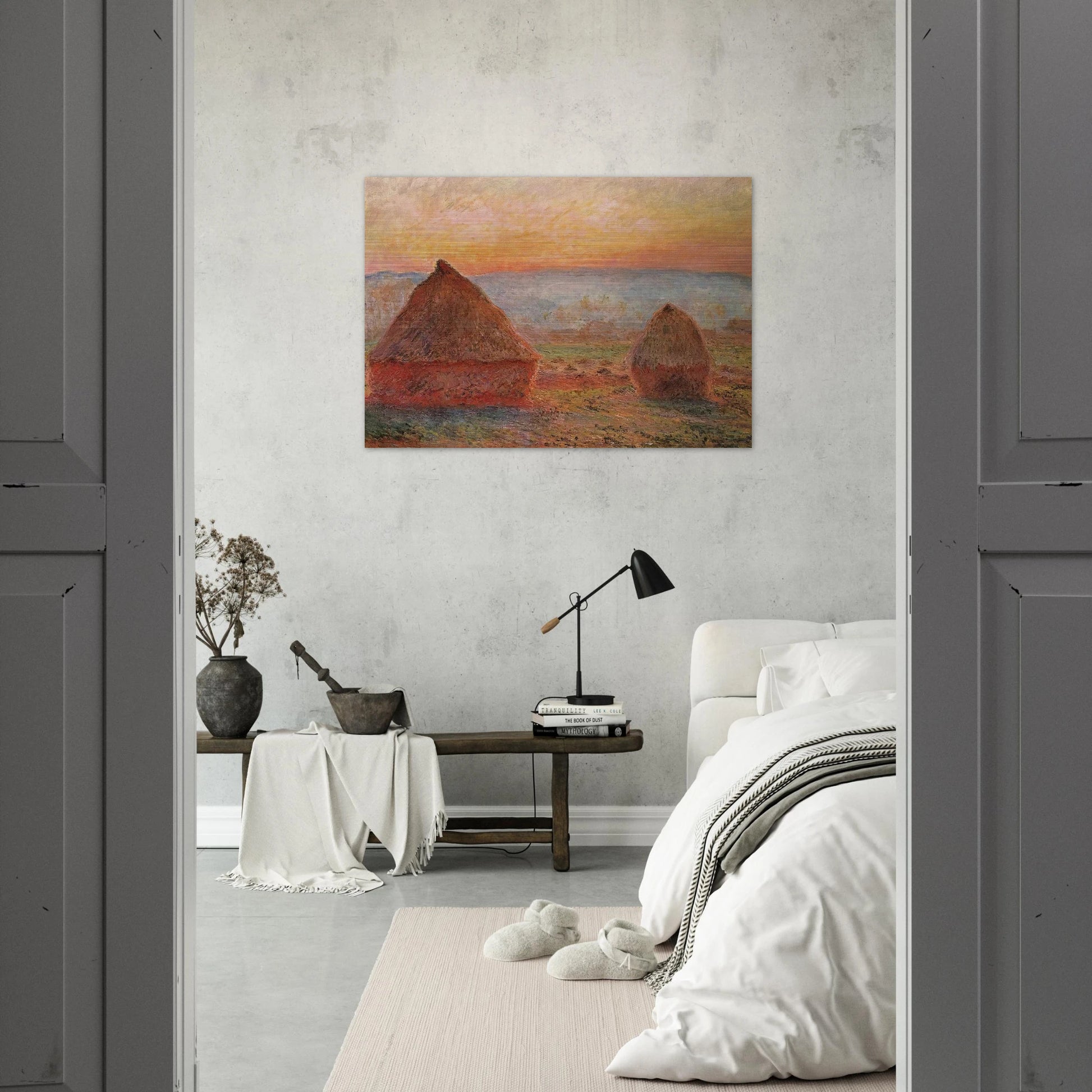 Grainstacks at Giverny, Sunset - claude monet Brushed Aluminum Print - 70x100 cm / 28x40 inches | claude monet Aluminum Print | claude monet Prints