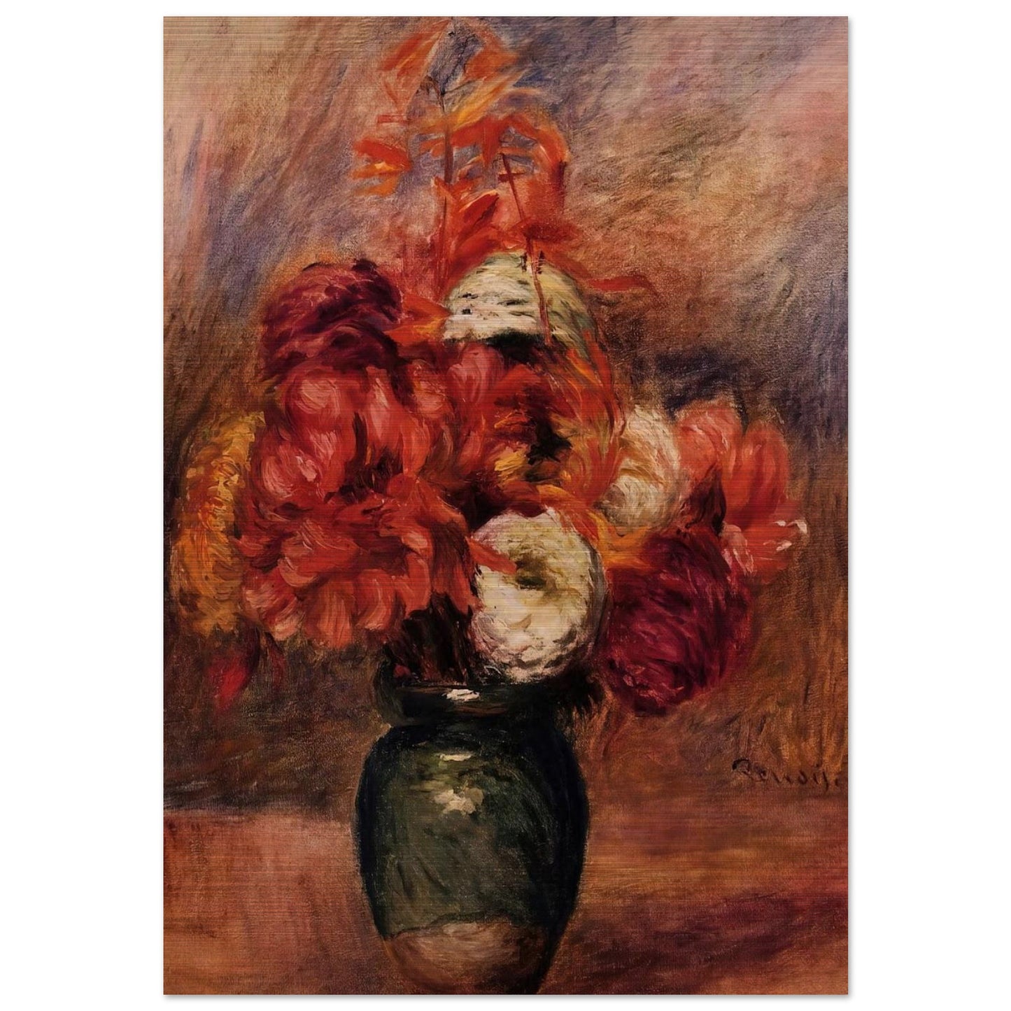 Flowers in a Green Vase Dahlilas and Asters - Pierre-Auguste Renoir Brushed Aluminum Print - 70x100 cm / 28x40 inches | Pierre-Auguste Renoir Aluminum Print | Pierre-Auguste Renoir Prints