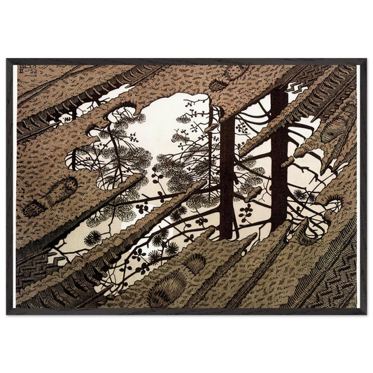 PUDDLE - MC Escher 70x100 cm / 28x40 inches Framed Art Print – Black Wooden Frame | Maurits Cornelis Escher Prints