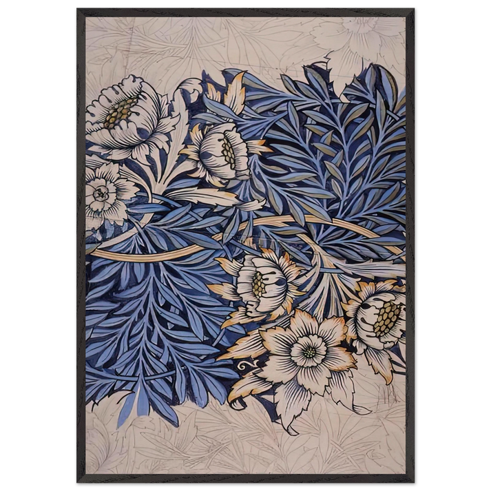 DESIGN FOR TULIP AND WILLOW INDIGO DISCHARGE WOOD BLOCK PRINTED FABRIC 1873 - William Morris 70x100 cm / 28x40 inches Framed Art Print – Black Wooden Frame