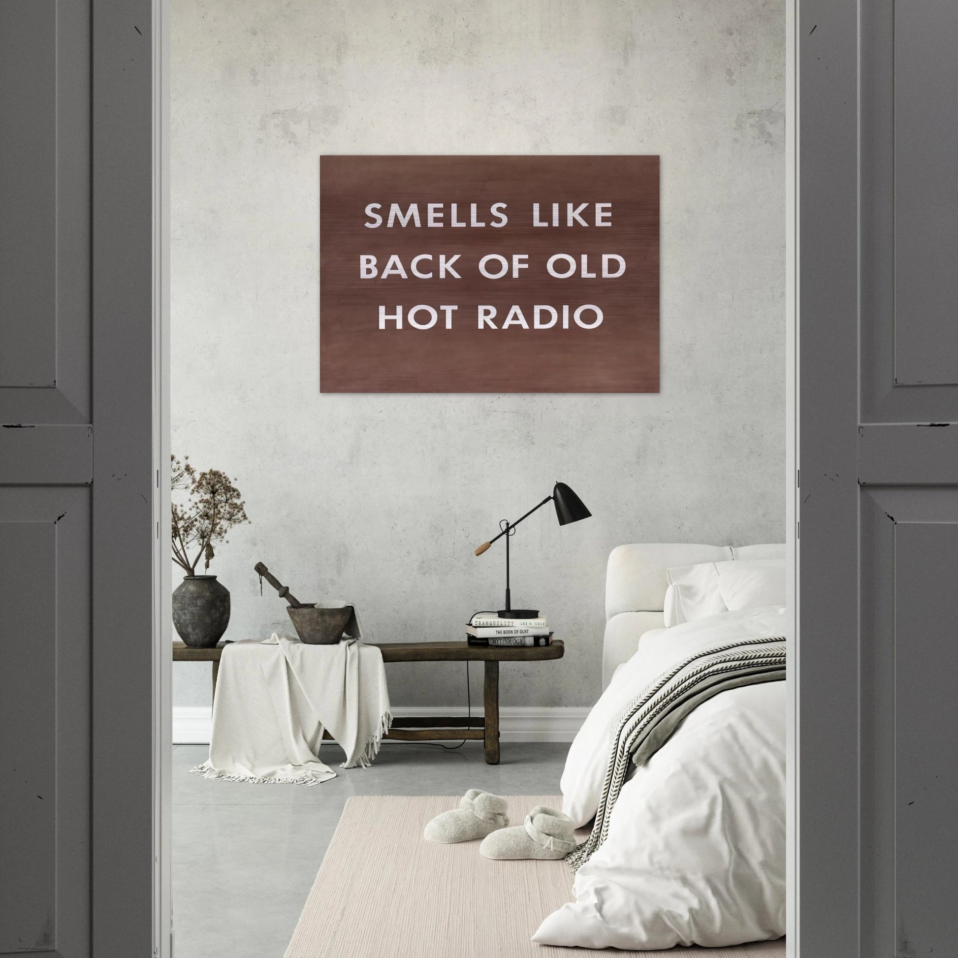 SMELLS LIKE BACK OF OLD HOT RADIO 1976 - Edward Ruscha Brushed Aluminum Print - 70x100 cm / 28x40 inches | Edward Ruscha Aluminum Print | Edward Ruscha Prints