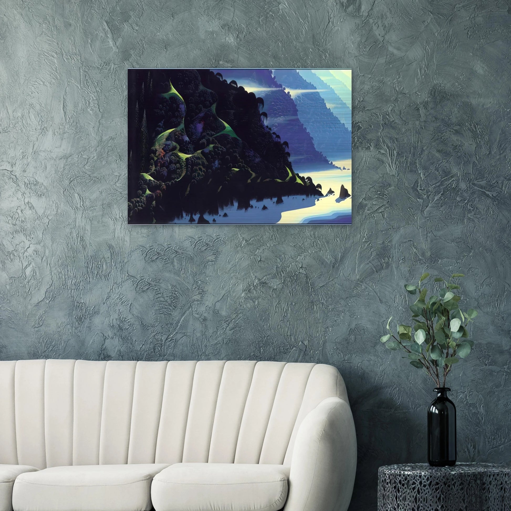 Blue Coastline - Eyvind Earle Brushed Aluminum Print - 70x100 cm / 28x40 inches | Eyvind Earle Aluminum Print | Eyvind Earle Prints