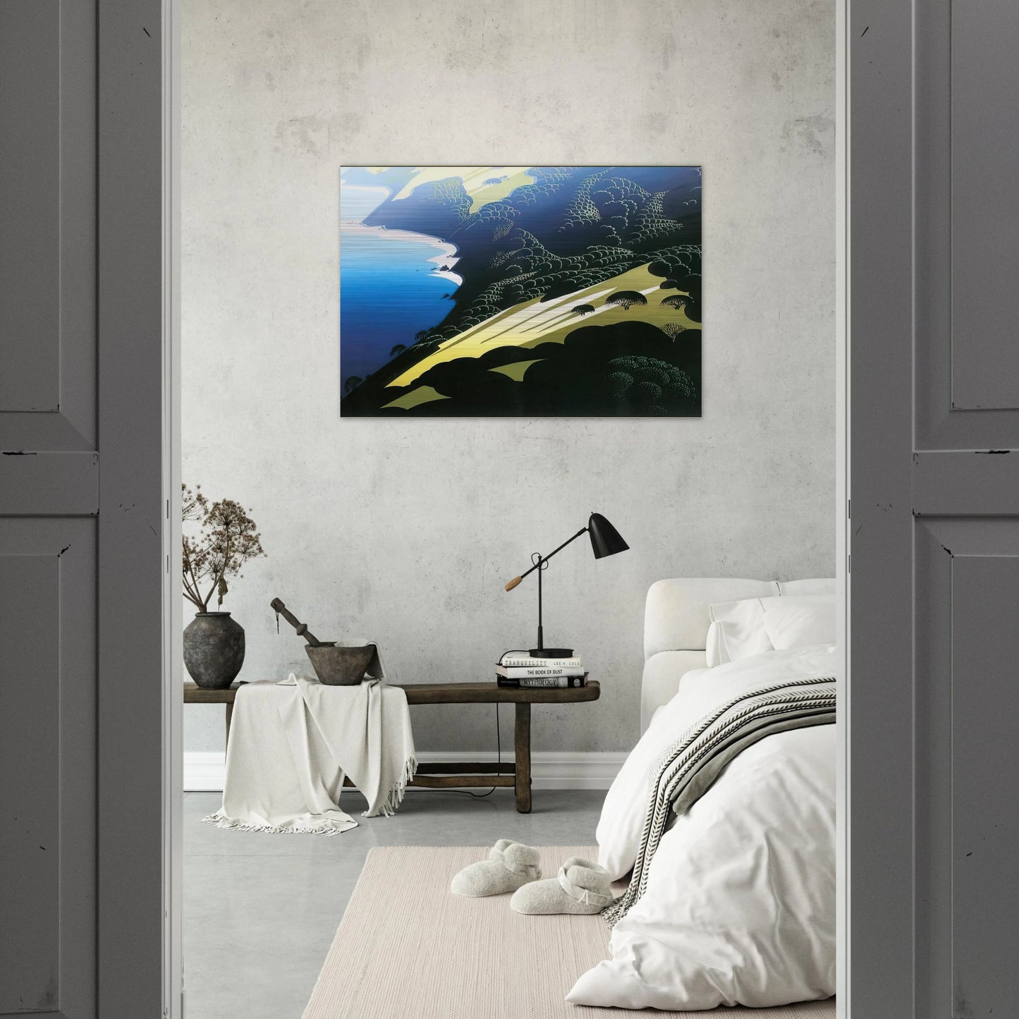 Seaside Pastures - Eyvind Earle Brushed Aluminum Print - 70x100 cm / 28x40 inches | Eyvind Earle Aluminum Print | Eyvind Earle Prints