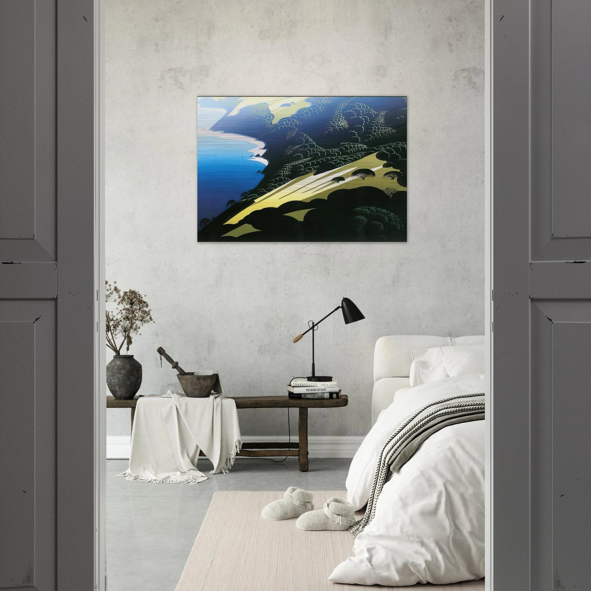 Seaside Pastures - Eyvind Earle Brushed Aluminum Print - 70x100 cm / 28x40 inches | Eyvind Earle Aluminum Print | Eyvind Earle Prints