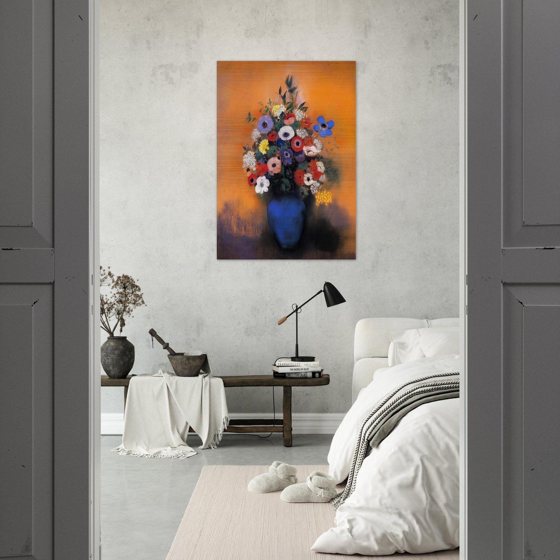 MINOSAS ANEMONIES AND LEAVES IN A BLUE VASE - Odilon Redon Brushed Aluminum Print - 70x100 cm / 28x40 inches | Odilon Redon Aluminum Print | Odilon Redon Prints