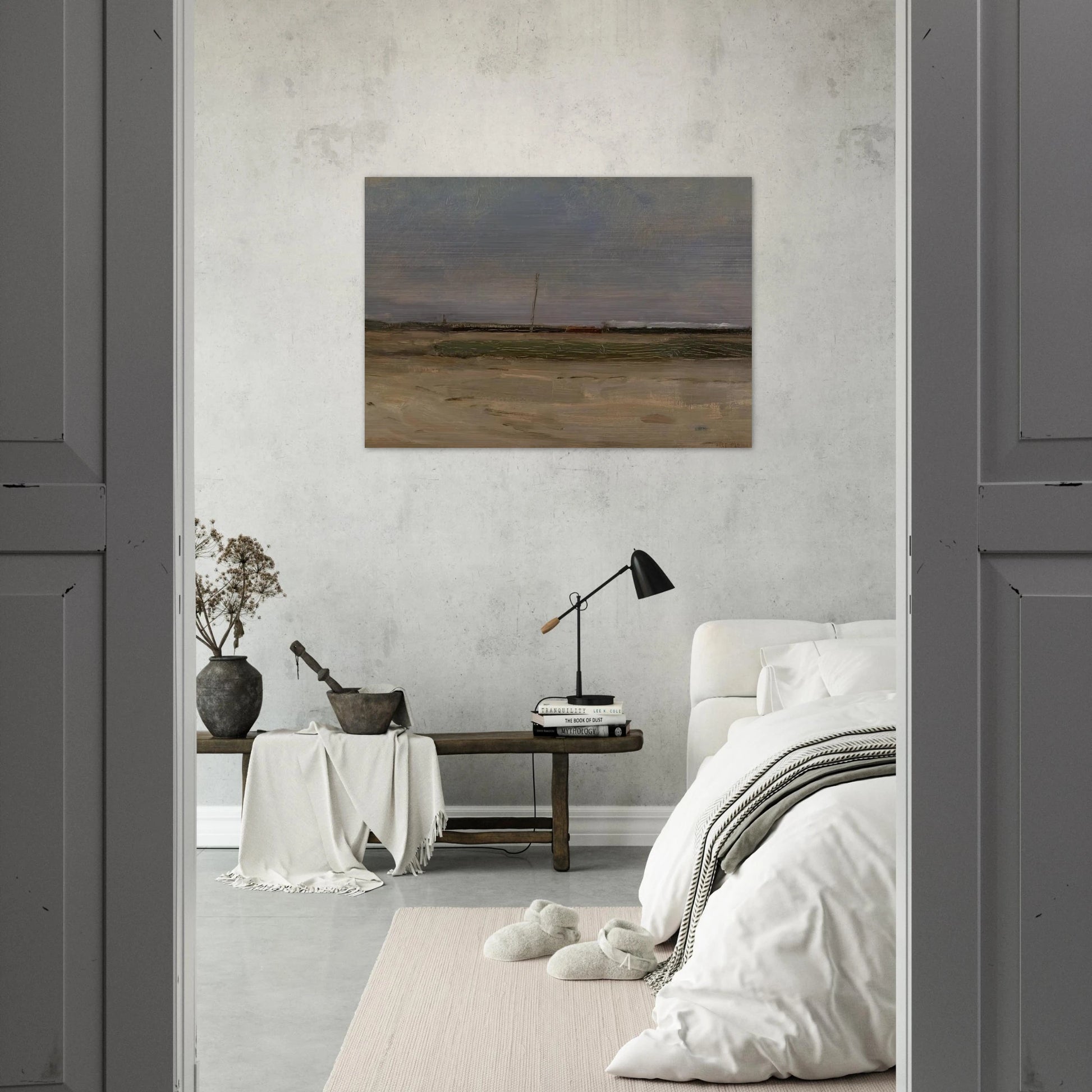 Polder Landscape with a Train and a Small Windmill on the Horizon - Piet Mondrian Brushed Aluminum Print - 70x100 cm / 28x40 inches | Piet Mondrian Aluminum Print | Piet Mondrian Prints