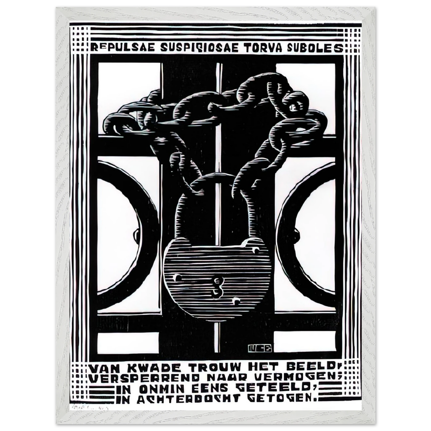 MC Escher - PADLOCK Wall Art - 21x29.7 cm / 8x12" - Premium Wooden Framed Poster With Fine Art Paper-canvas - White frame