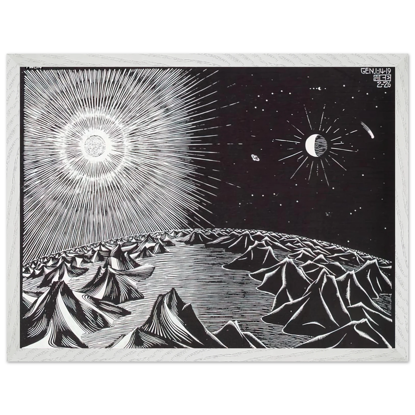 MC Escher - THE 4TH DAY OF THE CREATION Wall Art - 21x29.7 cm / 8x12" - Premium Wooden Framed Poster With Fine Art Paper-canvas - White frame
