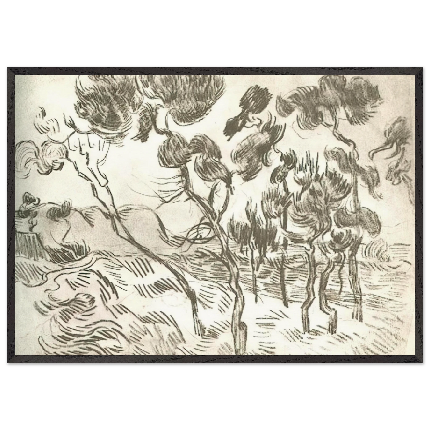 A Group of Pine Trees near a House - Vincent van Gogh 70x100 cm / 28x40 inches Framed Art Print – Black Wooden Frame