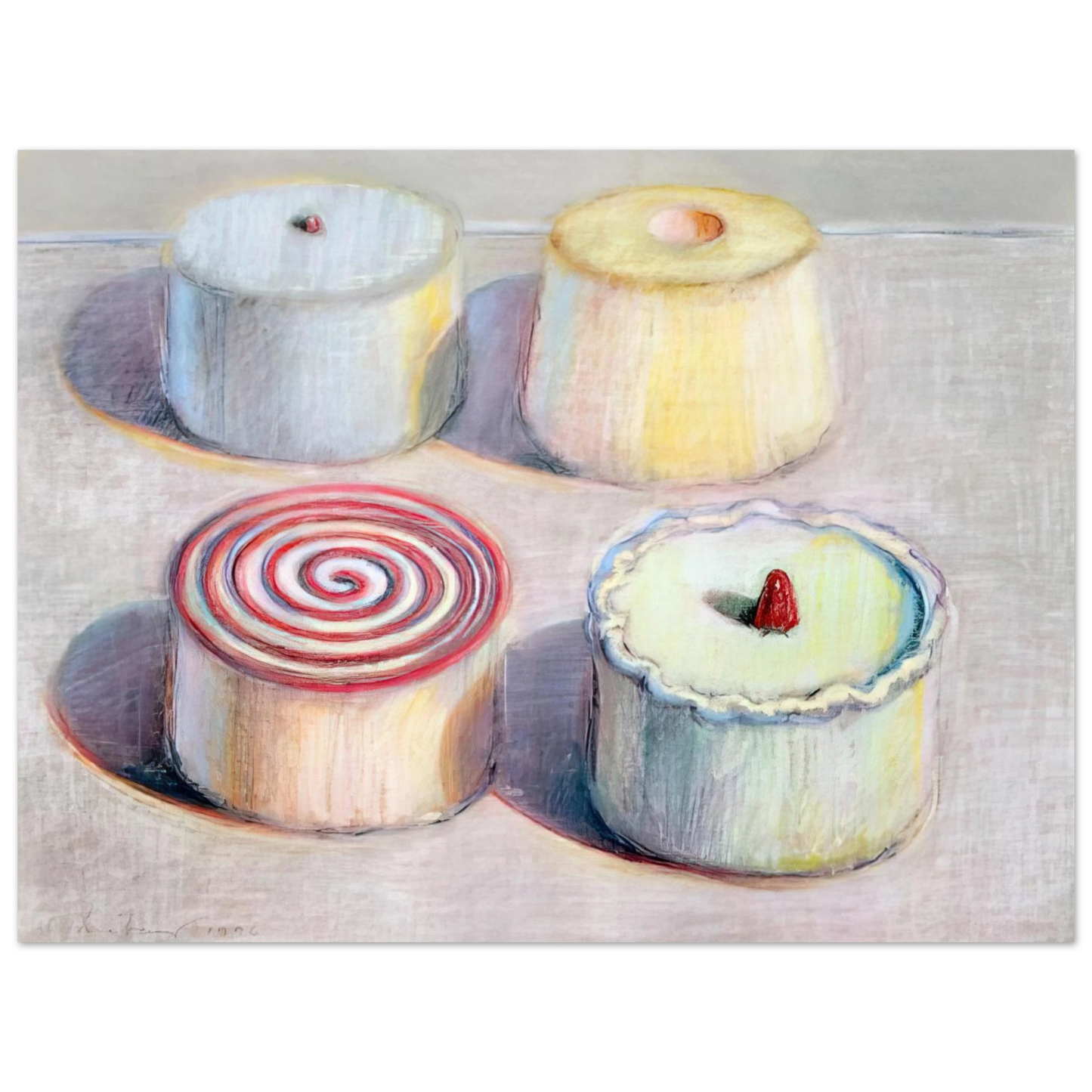 Wayne Thiebaud - Four Cakes - 1996 Wall Art - 60x80 cm / 24x32 inches - Premium Wooden Framed Poster With Fine Art Paper - White frame