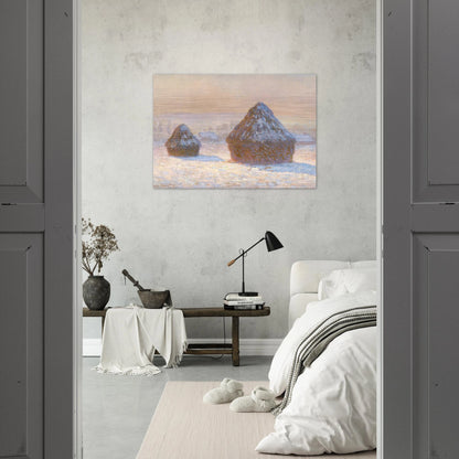 Wheatstacks, Snow Effect, Morning - claude monet Brushed Aluminum Print - 70x100 cm / 28x40 inches | claude monet Aluminum Print | claude monet Prints
