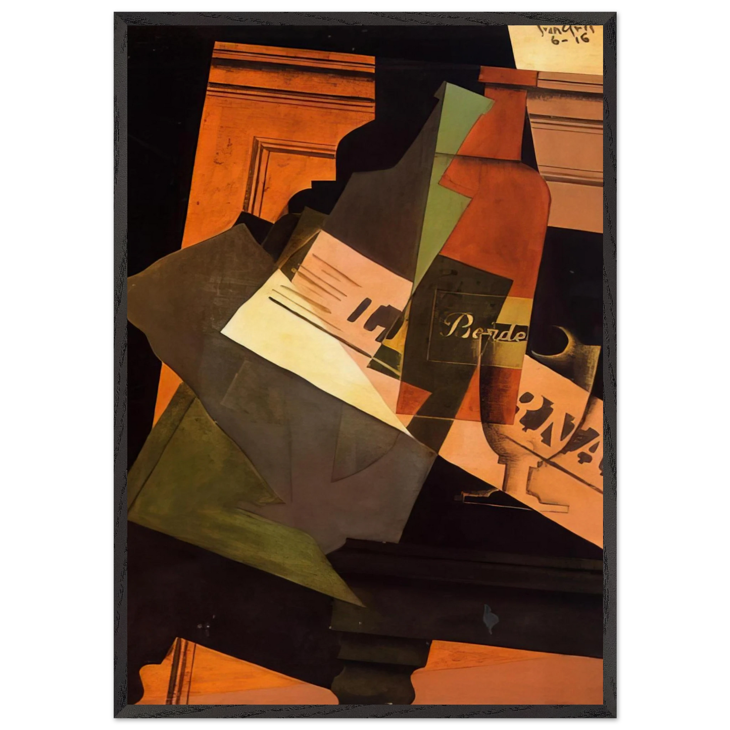 BOTTLE GLASS AND NEWSPAPER - Juan Gris 70x100 cm / 28x40 inches Framed Art Print – Black Wooden Frame