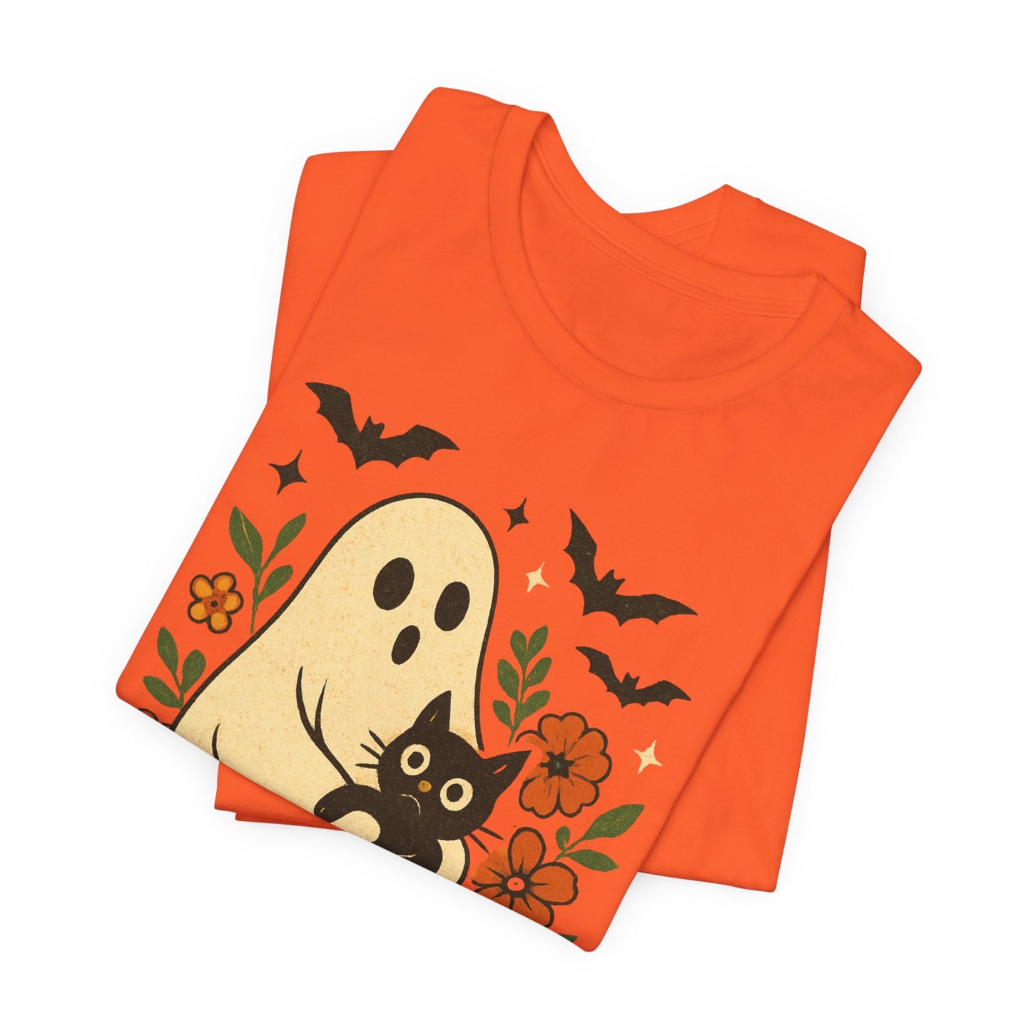 Fantasma espeluznante sosteniendo un gato negro con un elegante diseño floral para Halloween