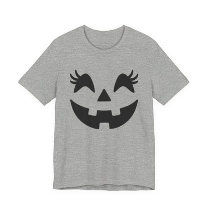 Camiseta de Halloween para mujer y niña con cara de Jack O'Lantern y pestañas de calabaza