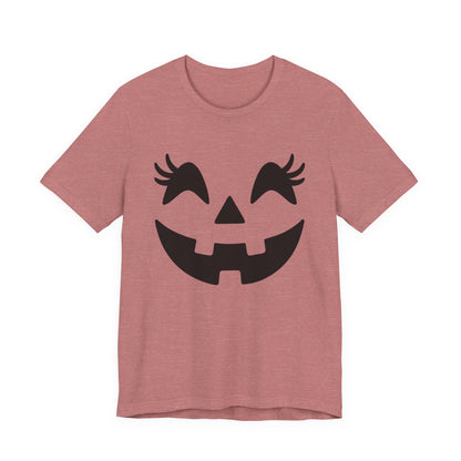 Camiseta de Halloween para mujer y niña con cara de Jack O'Lantern y pestañas de calabaza