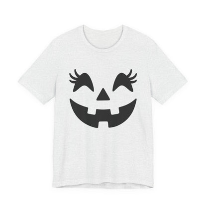 Camiseta de Halloween para mujer y niña con cara de Jack O'Lantern y pestañas de calabaza