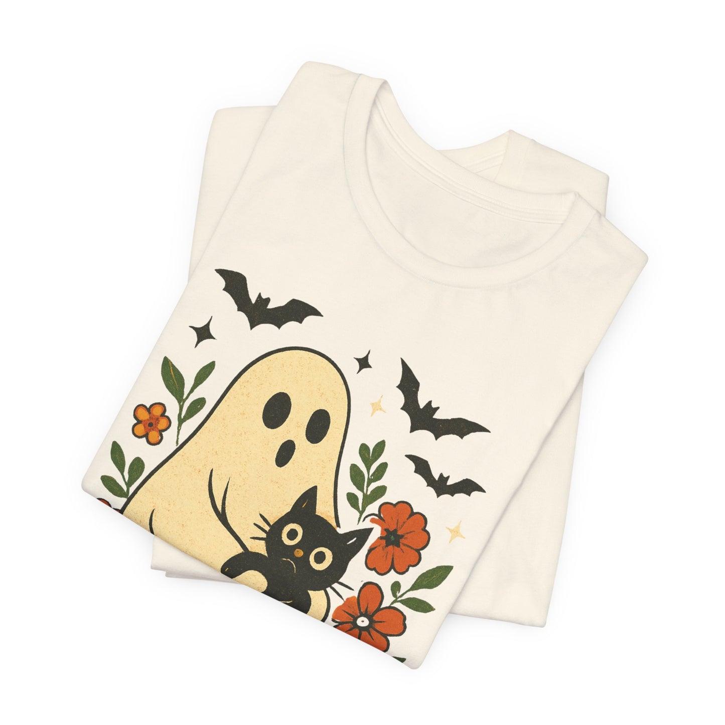 Fantasma espeluznante sosteniendo un gato negro con un elegante diseño floral para Halloween