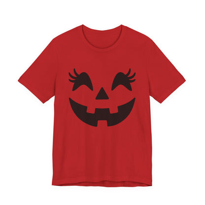 Camiseta de Halloween para mujer y niña con cara de Jack O'Lantern y pestañas de calabaza