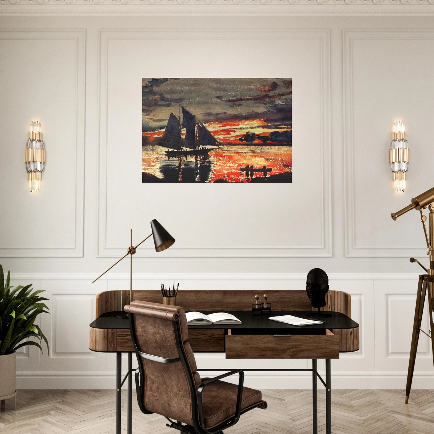 SUNSET FIRES - Winslow Homer Brushed Aluminum Print - 70x100 cm / 28x40 inches | Winslow Homer Aluminum Print | Winslow Homer Prints
