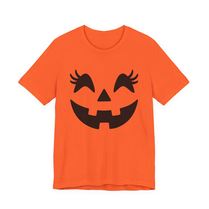 Camiseta de Halloween para mujer y niña con cara de Jack O'Lantern y pestañas de calabaza
