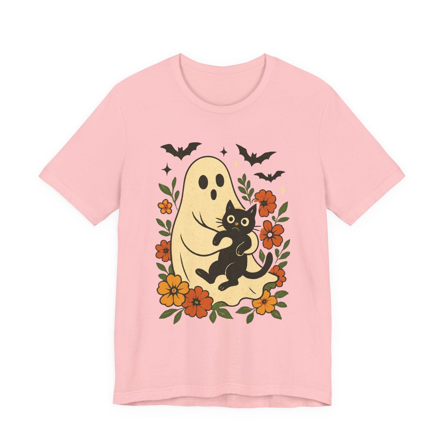 Fantasma espeluznante sosteniendo un gato negro con un elegante diseño floral para Halloween