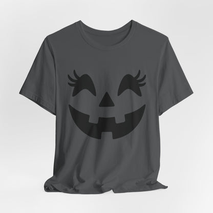 Camiseta de Halloween para mujer y niña con cara de Jack O'Lantern y pestañas de calabaza