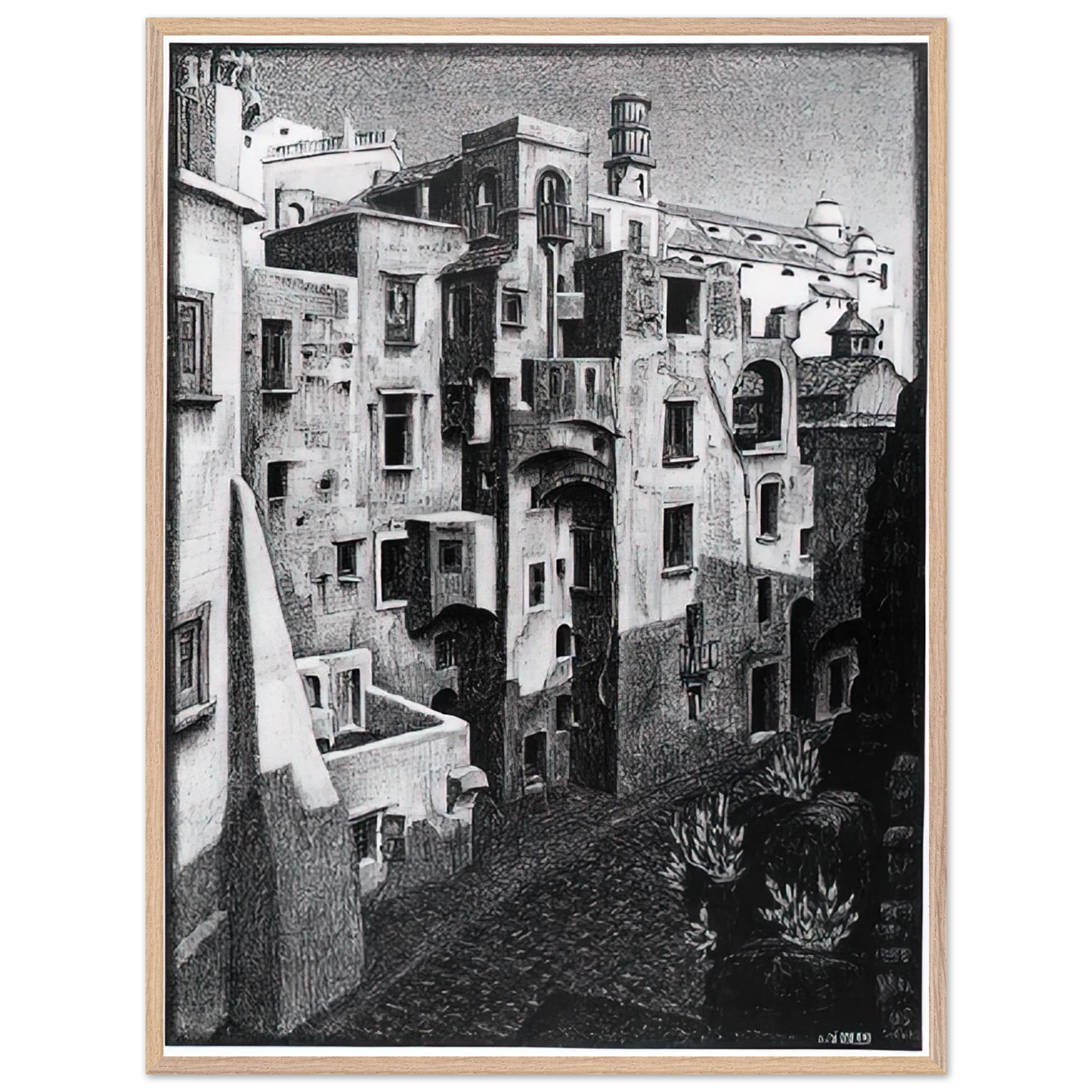 MC Escher - DILAPIDATED HOUSES IN ATRANI 1931 Wall Art - 30x40 cm / 12x16 inches - Premium Wooden Framed Poster With Fine Art Paper-canvas - Black frame