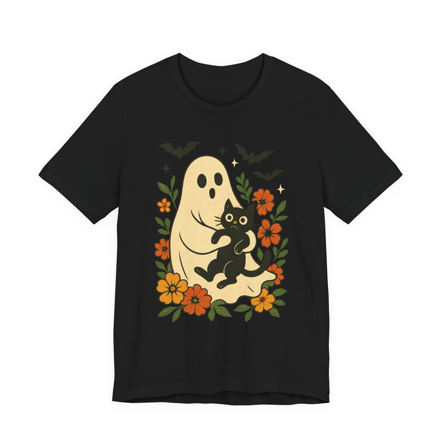 Fantasma espeluznante sosteniendo un gato negro con un elegante diseño floral para Halloween
