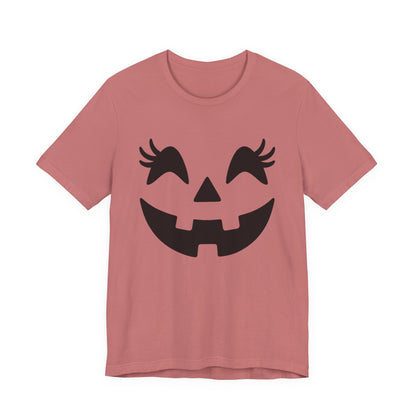 Camiseta de Halloween para mujer y niña con cara de Jack O'Lantern y pestañas de calabaza