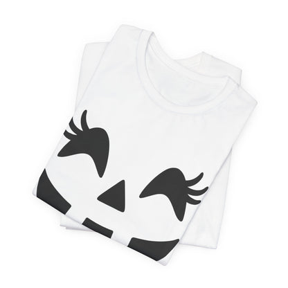 Camiseta de Halloween para mujer y niña con cara de Jack O'Lantern y pestañas de calabaza