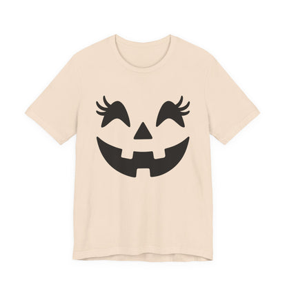 Camiseta de Halloween para mujer y niña con cara de Jack O'Lantern y pestañas de calabaza