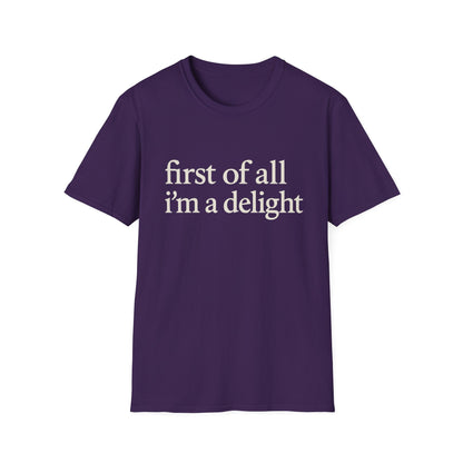 Camiseta "Primero que nada soy un deleite", camiseta con cita divertida para mujer, camiseta con frase atrevida, regalo gráfico ingenioso para la mejor amiga
